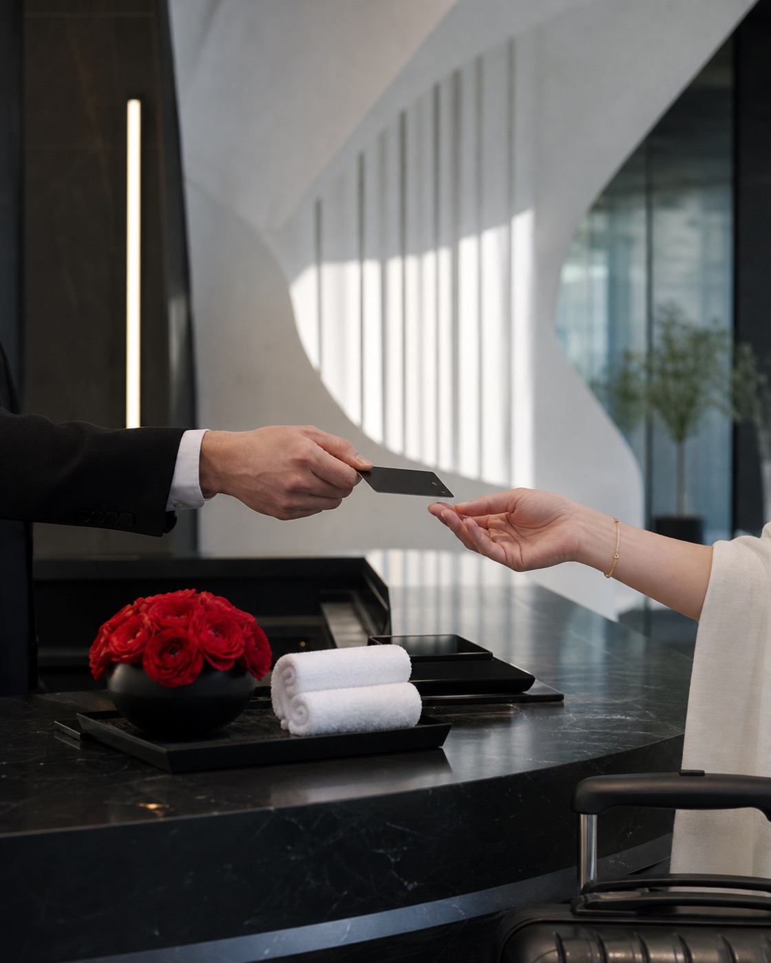 Luxury hotel check-in moment with a guest receiving a room key