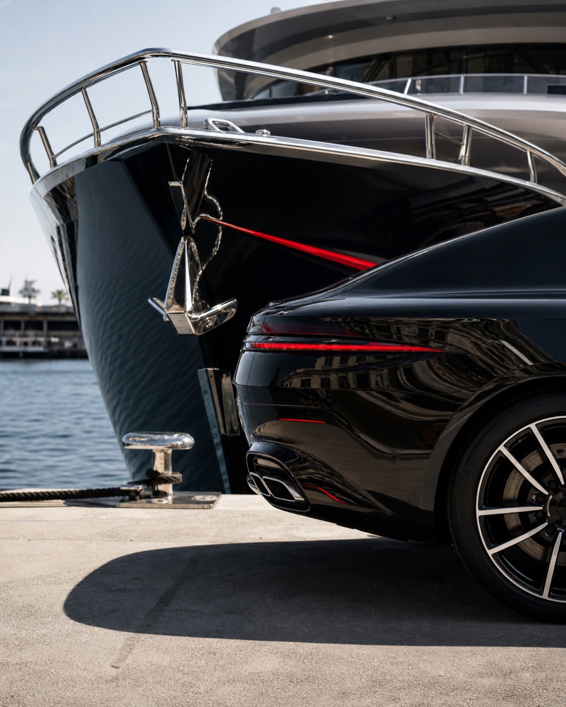Black grand touring car beside a contemporary yacht at a private marina