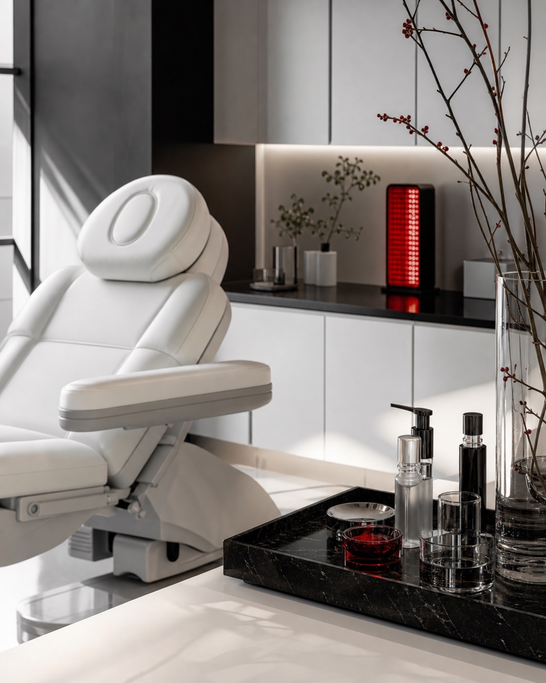 Premium wellness and aesthetics treatment studio with precise equipment and red light detail